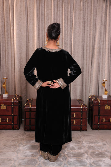 Classic Black Velvet Embroidered Kurta Set