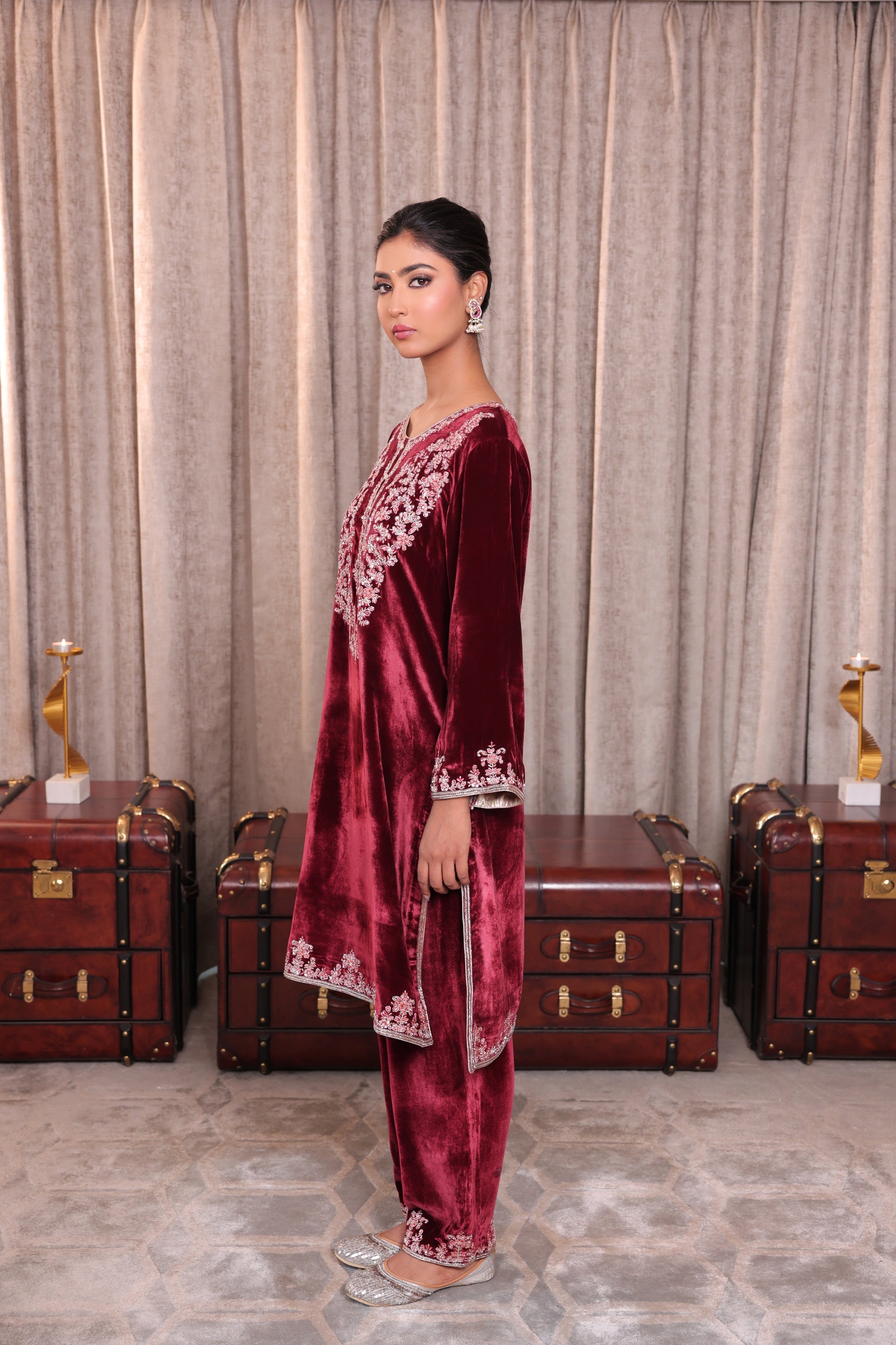 Classic Burgundy Embroidered Velevet Kurta Set