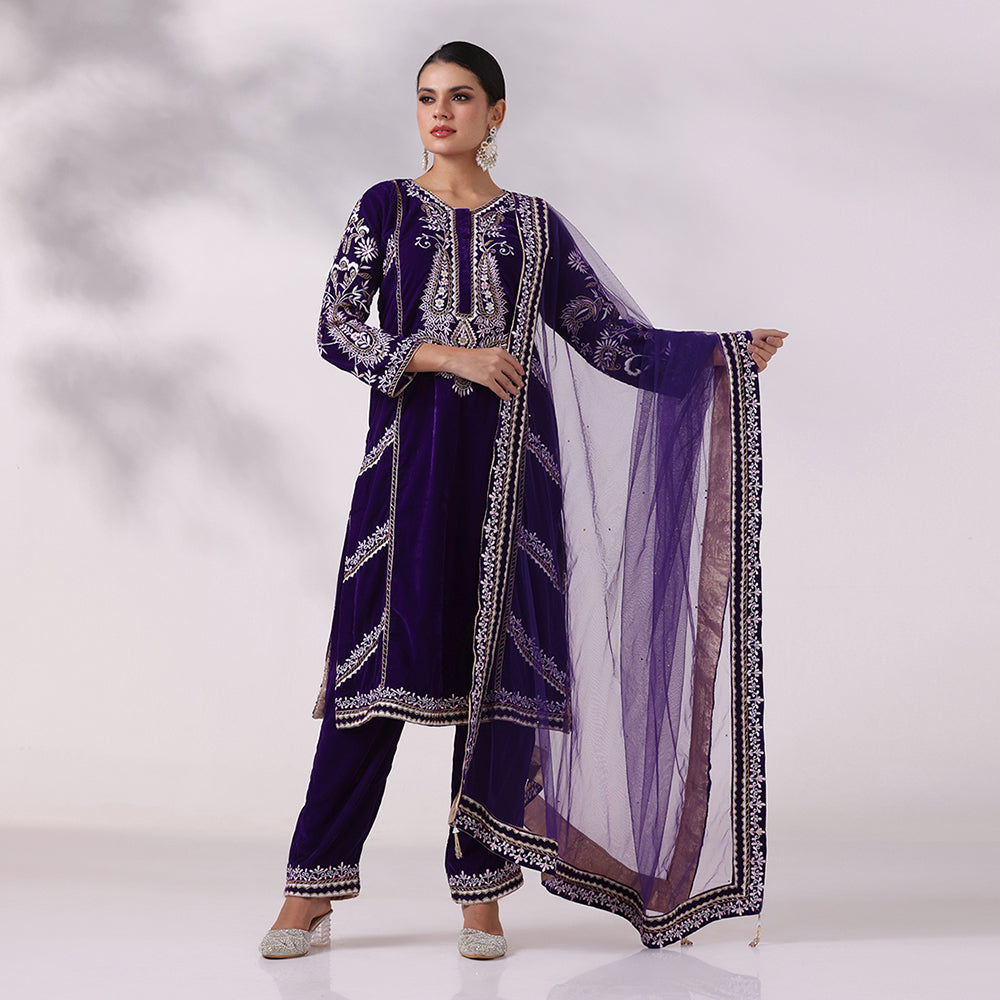 Purple Thread Embroidered Kurta Set