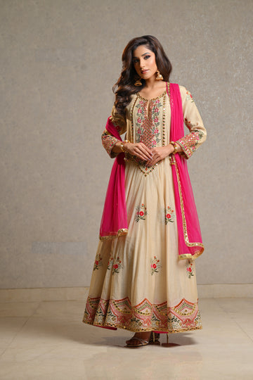 Elegant Ivory Beige Embroidered Anarkali Set