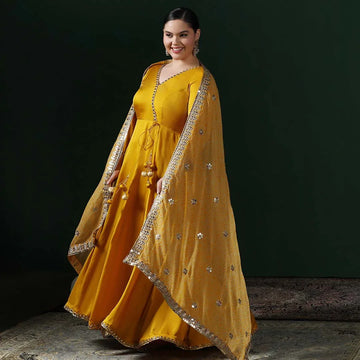 Yellow mirror bandhani dupatta anarkali