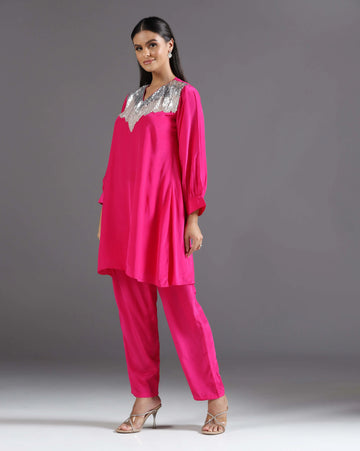 Fuchsia crepe sequence embroidery co-ord