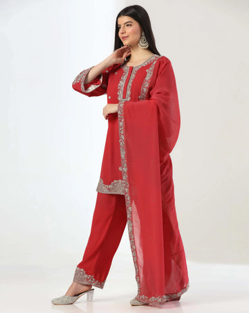 Hand crafted zari and cutdana suit with on flowing georgette