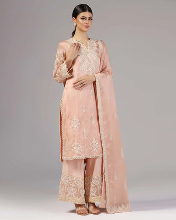 Peach Glow: Organza suit with thread embellishments