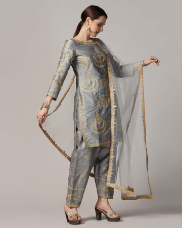 Silver golw, dupion silksuit with golden touch