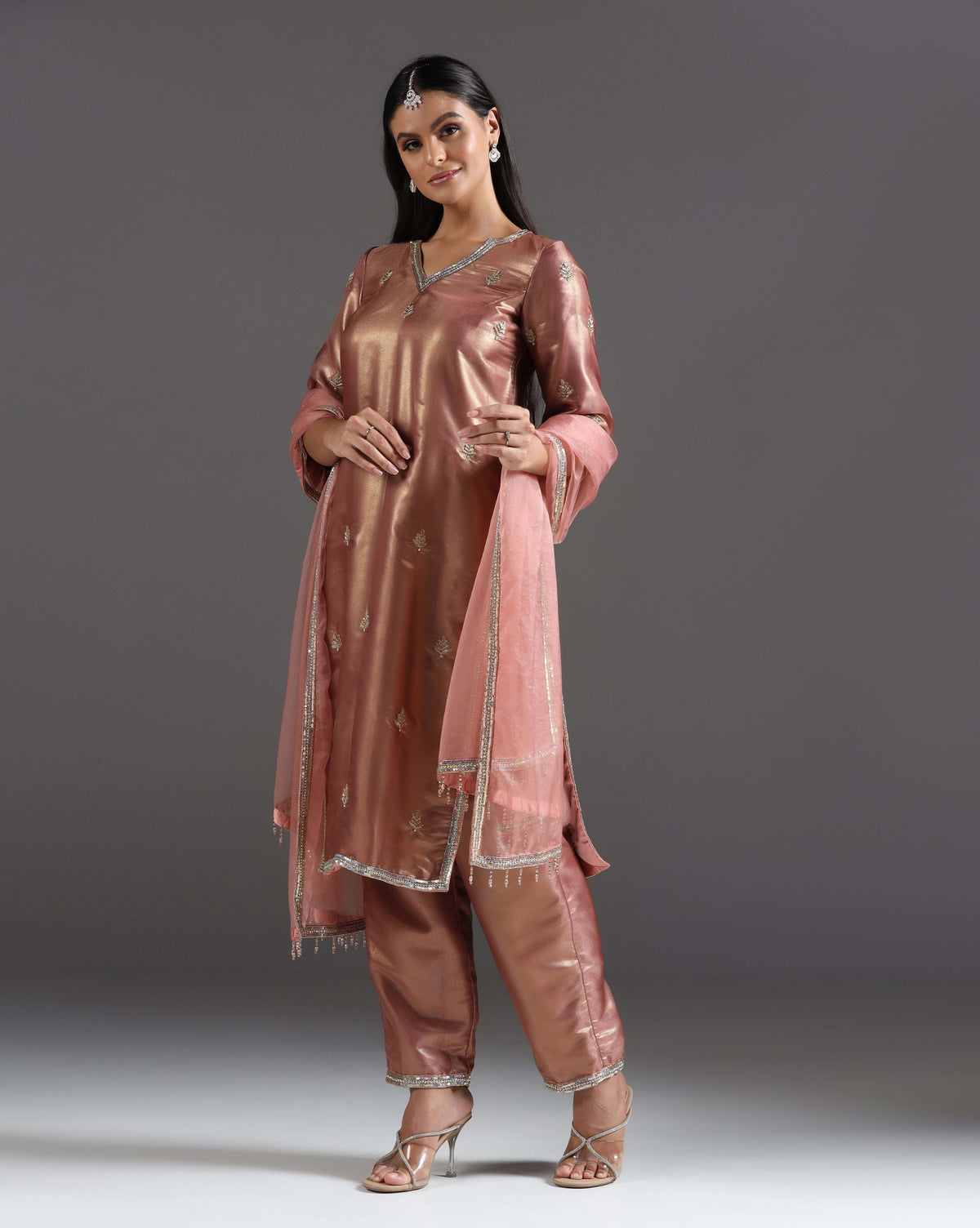Rose Gold Radiance Tissue Kurta Pant With Handcrafted Detailing