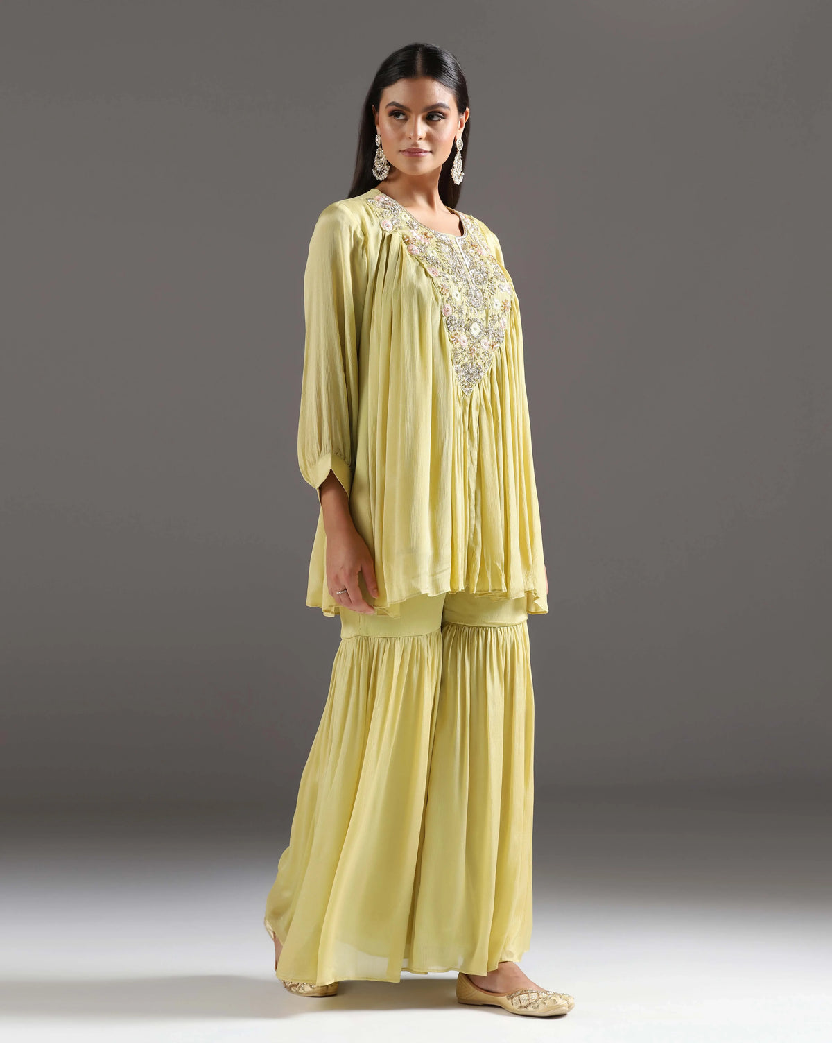 Green Glow Embroidered Short Kurti With Chiffon Sharara