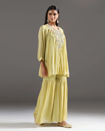 Green Glow:Embroidered short kurti with Chiffon sharara