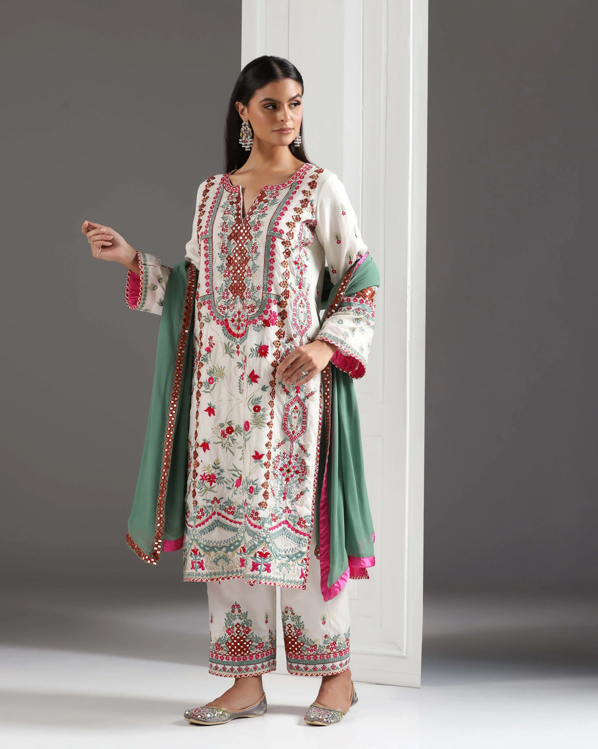 Ivory Glow, Chanderi Suit With Mirror & Thread Work