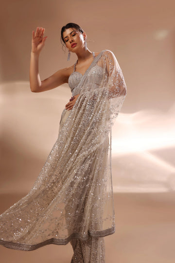 Luxury Cream Saree With Sequins