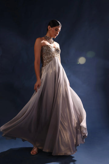 Elegant metallic silver hand embroidery long gown for special occasions