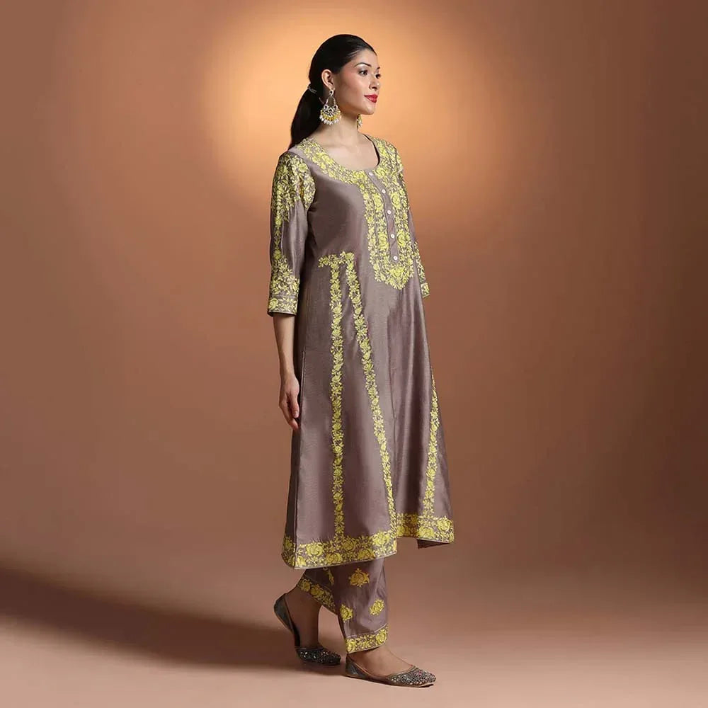 Chanderi Taupe Embroidered Kurti