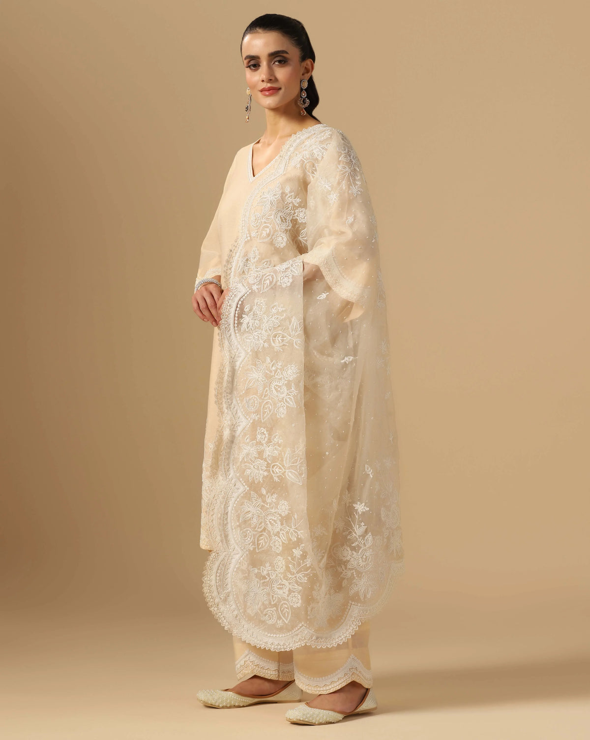 Chanderi Ivory Pearl Organza Dupatta Suit