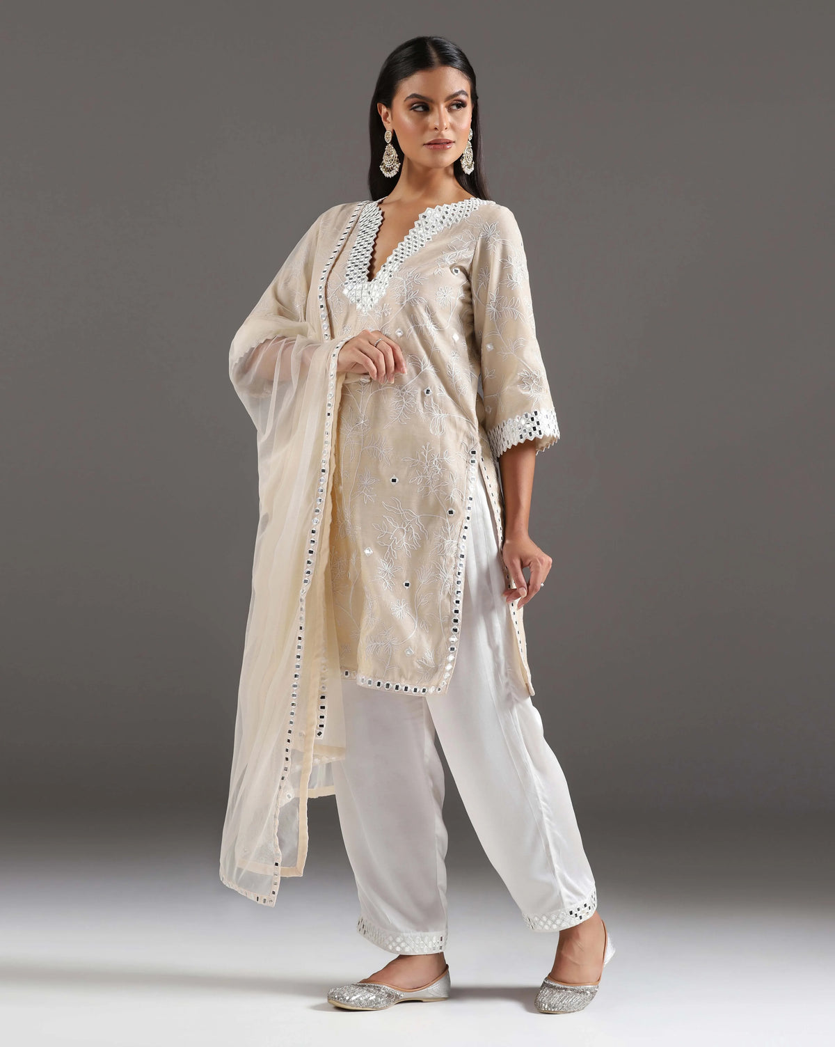 Ivory Mirror Embroidered Kurti Set