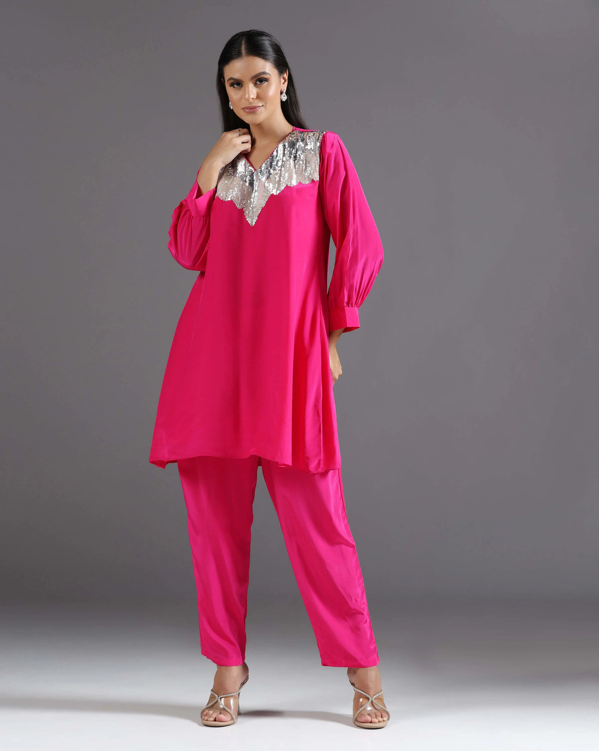 Fuchsia Crepe Sequins Embroidery Kurta Set