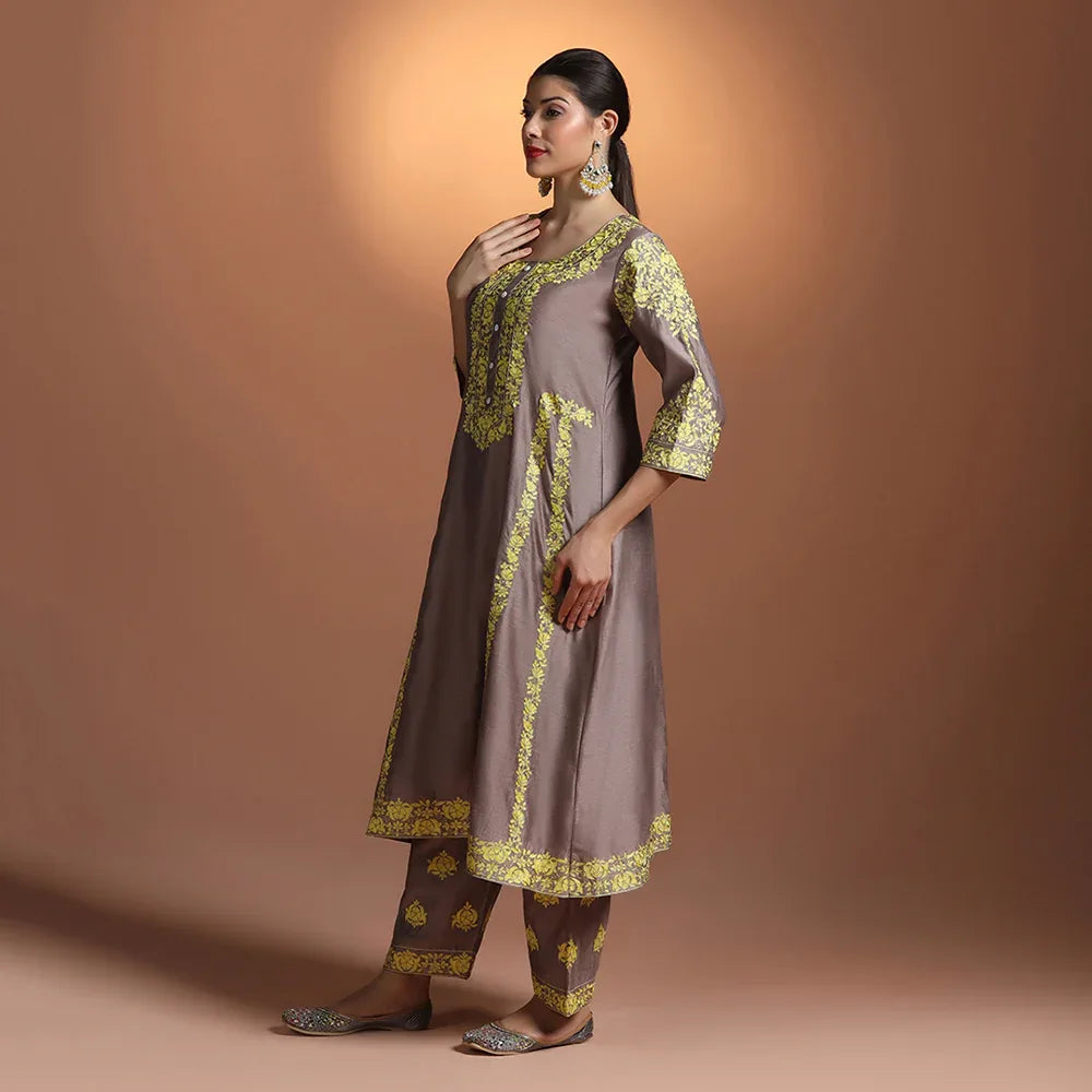 Green Chanderi Embroidered Suit
