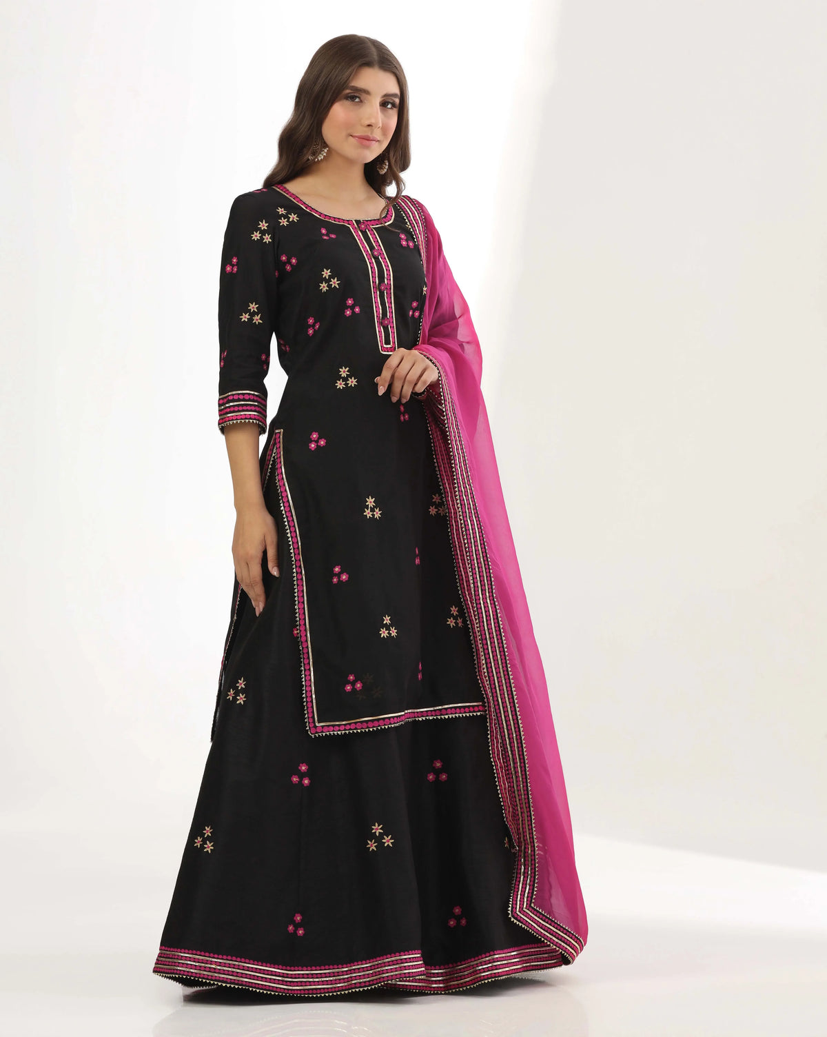 Black Chanderi Long Kurti Lehenga