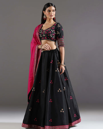 Black chanderi embroidered gotta lehenga