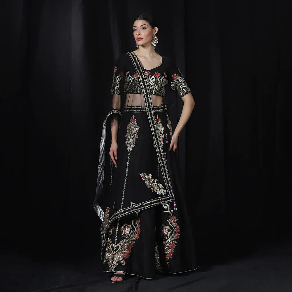 Black Multi Thread Embroidered Lehenga