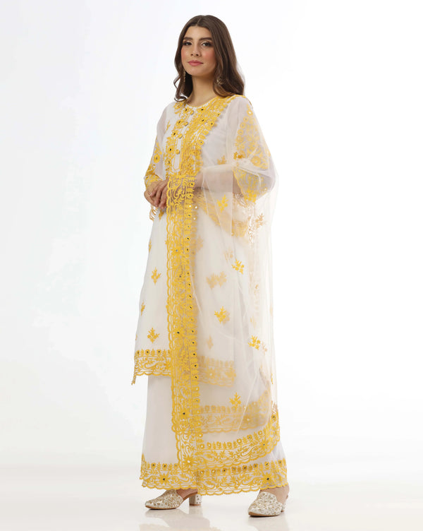 Sunshine Mirror Yellow Kurta Palazzo Set With Aari Detailing