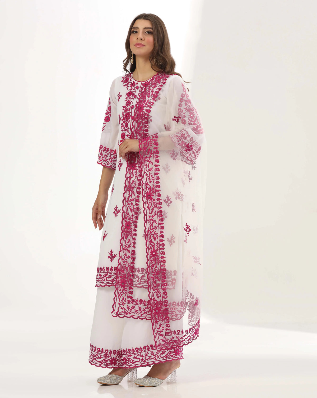 Vibrant Fuchsia Mirror Kurta Palazzo Set With Aari Detailing