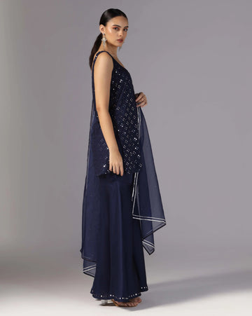 Cosmic blue mirror kurti with chiffon sharara
