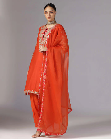 Vibrant orange kurta salwar with hand crafted dori embroidery