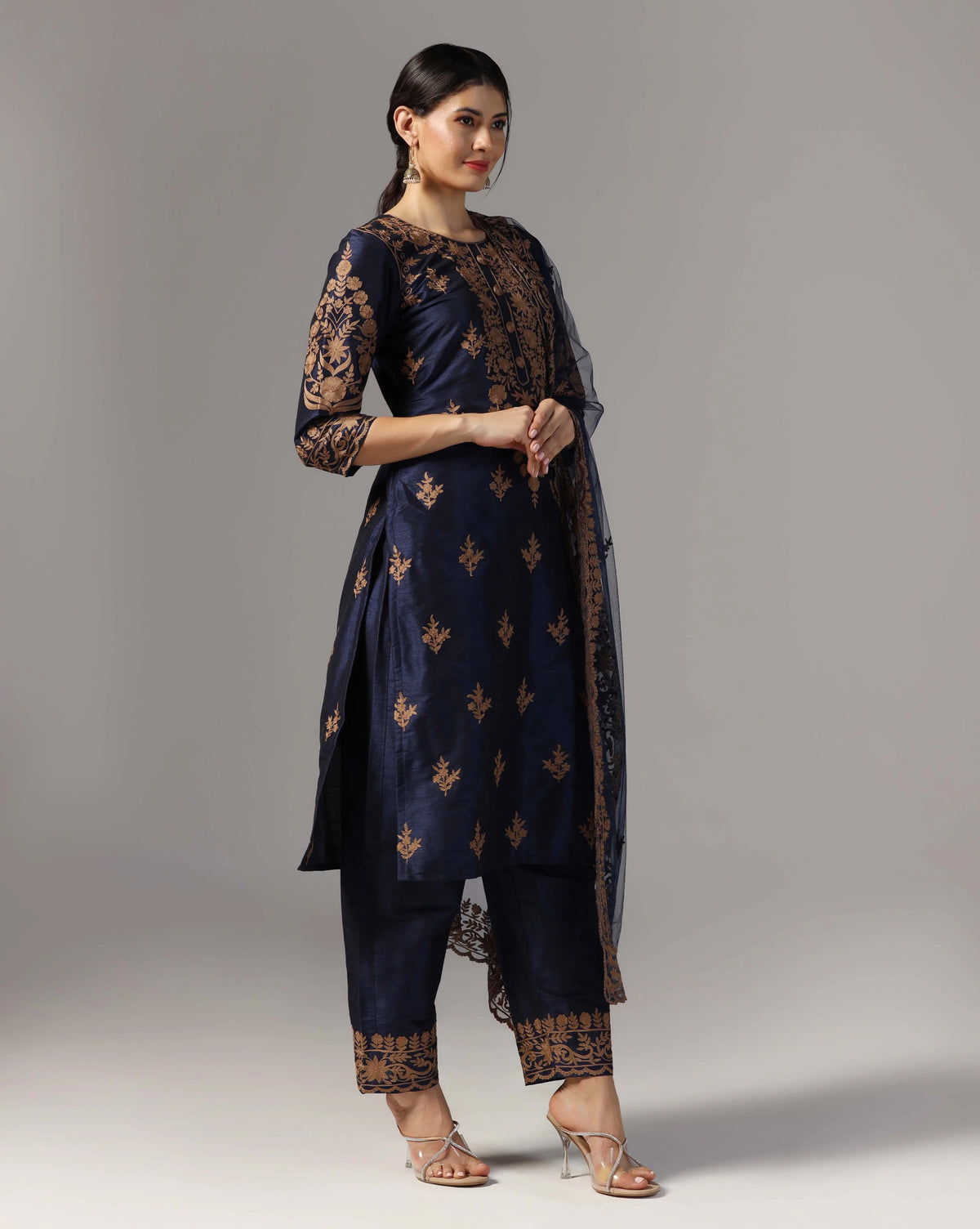 Thread Embroidered Navy Blue Kurta With Pant & Dupatta