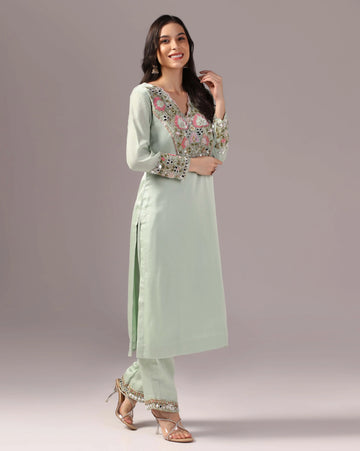 Green embroidered kurta set