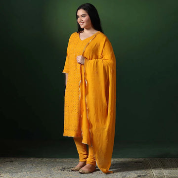 Yellow gold mukesh chikankari suit