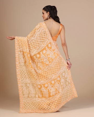 Orange chikenkari saree with unstitched blouse