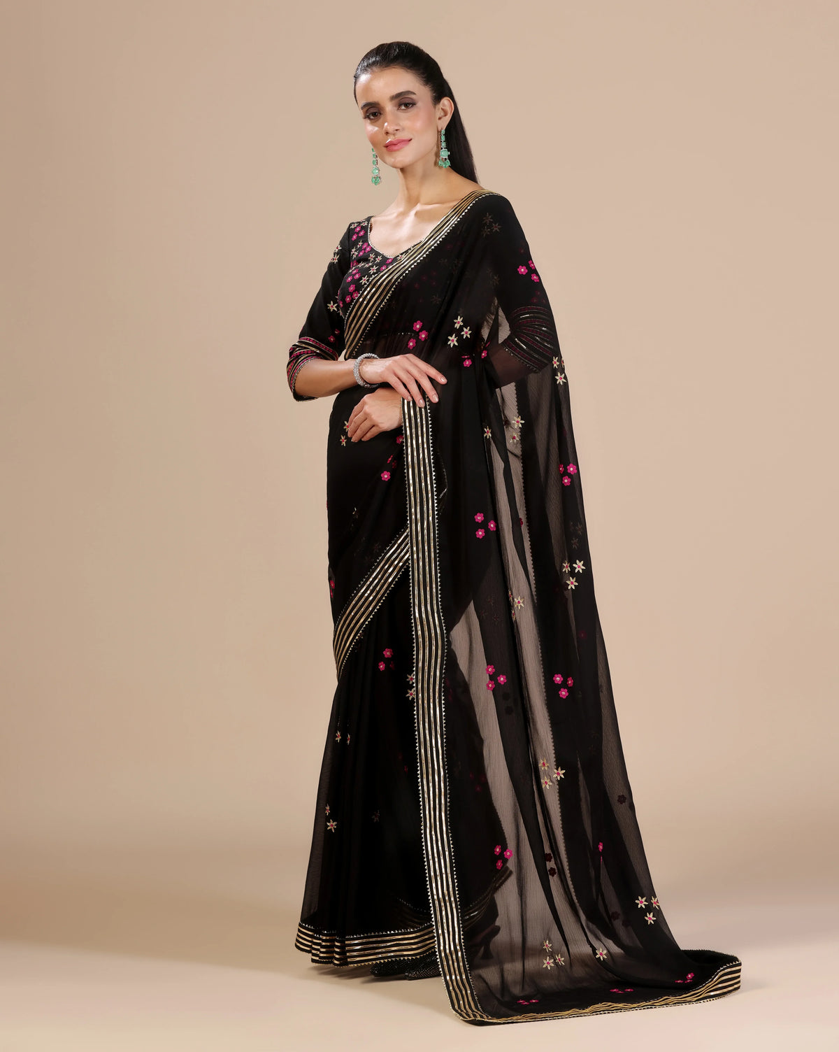 Black Gotta Chiffon Saree With Unstitched Blouse