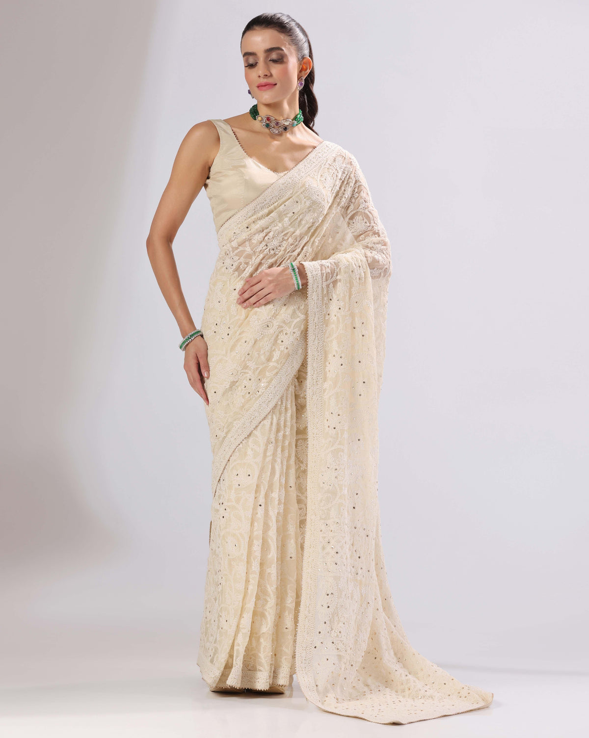 Beige Chikankari Saree With Unstitched Blouse