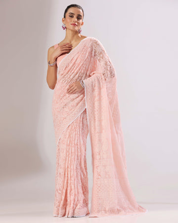 Peach chikankari saree
