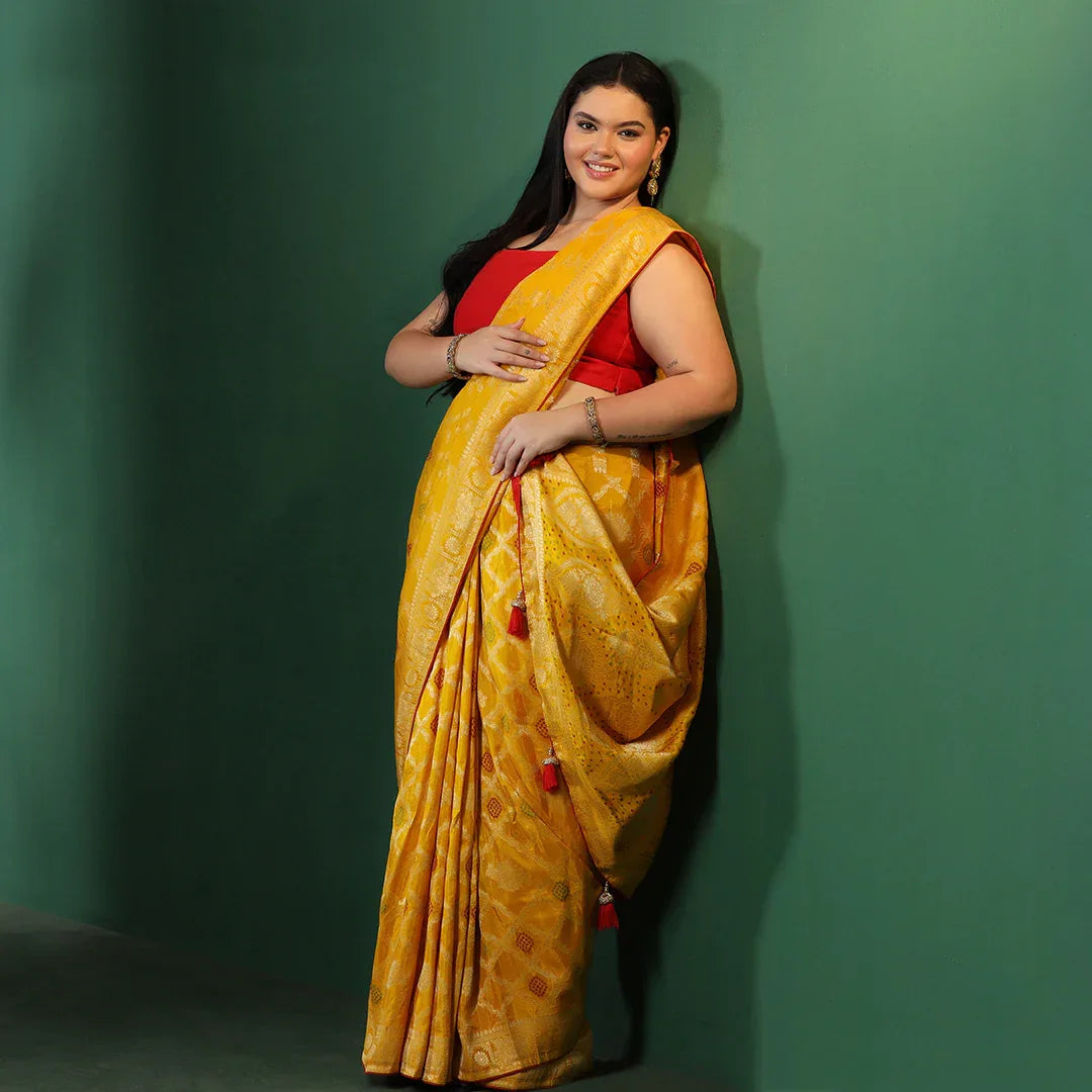 Yellow Bandhani Georgette Saree With Unstitched Blouse
