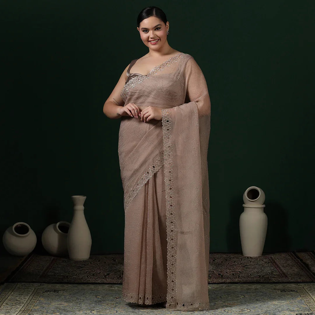 Metallic Gold Chiffon Saree With Unstitched Blouse