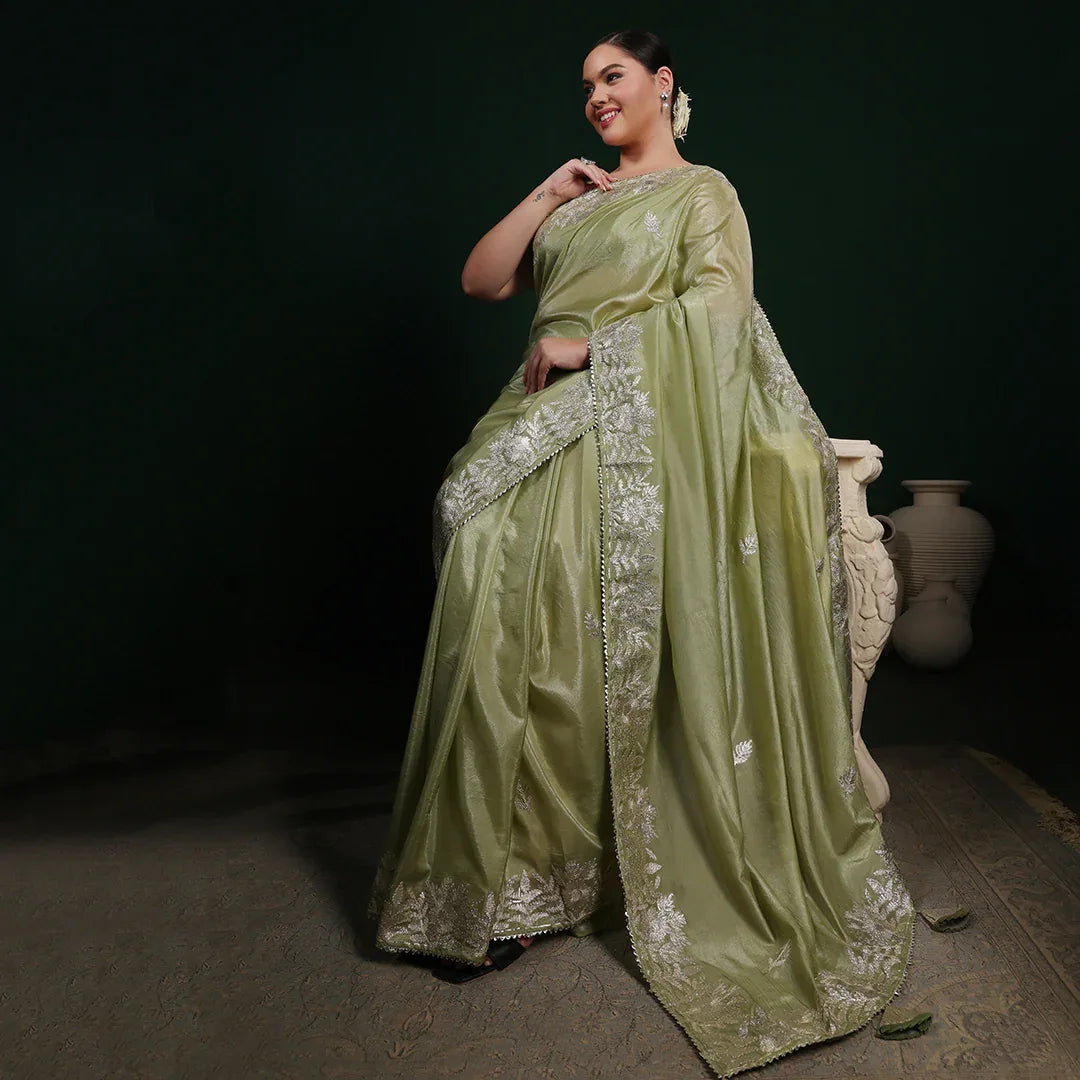 Green Gotta Crepe Saree With Unstitched Blouse