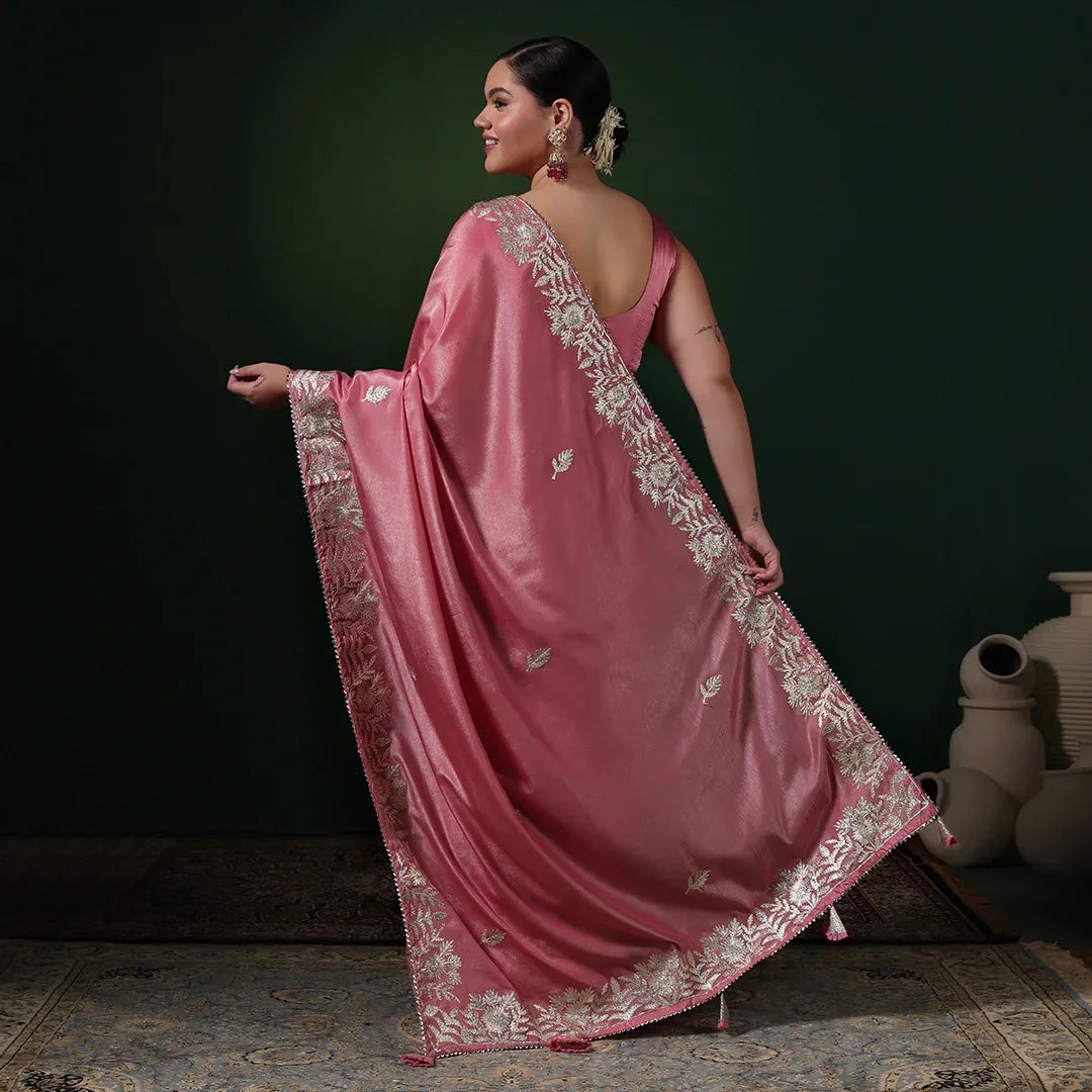 Pink Gotta Crepe Saree With Unstitched Blouse