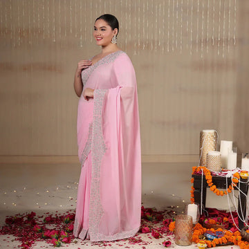 Pink zari embroidered georgette saree with stitched blouse