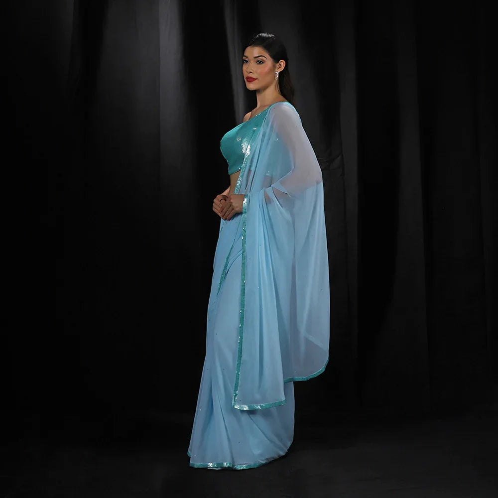 Blue Sequins Border Saree