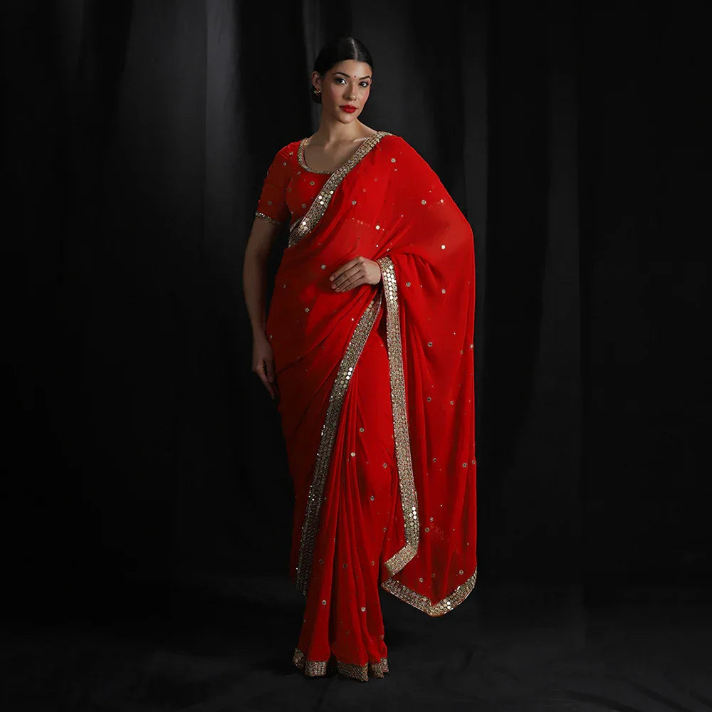 Red Gold Mirror Saree With Unstitched Blouse