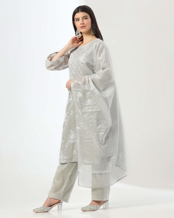 Silver chikankari unstitched suit