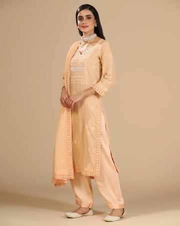 Chikankari peach pearl unstitched suit