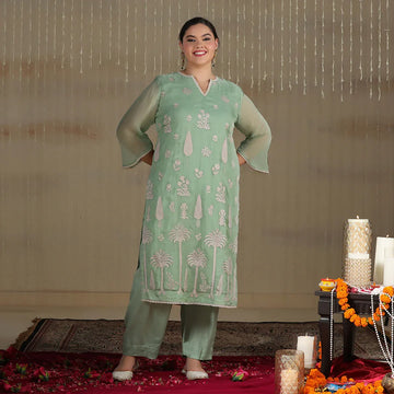 Green organza embroided unstitched suit