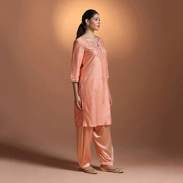 Pink peach chandari mukesh work kurta set