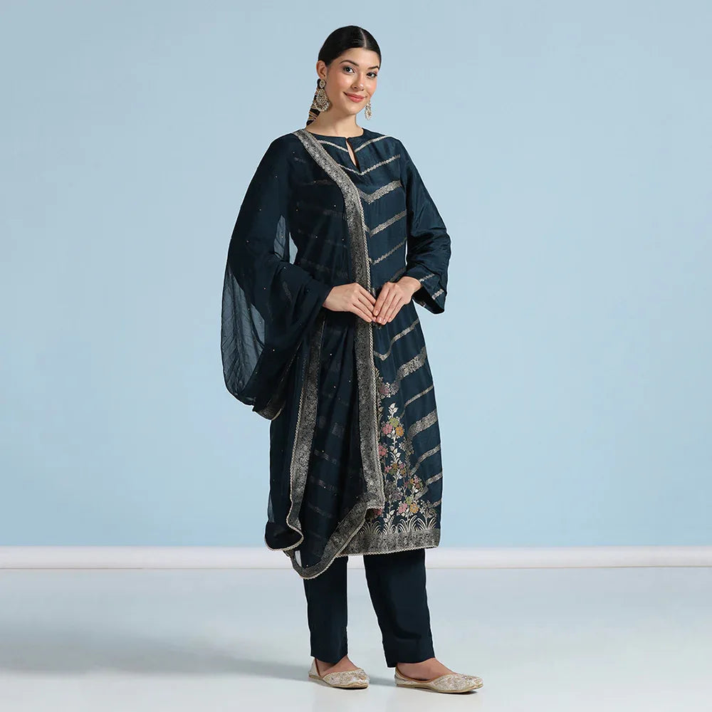 Navy Blue Banarasi Unstitched Suit