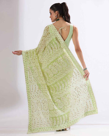 Green Georgette Chikankari Saree