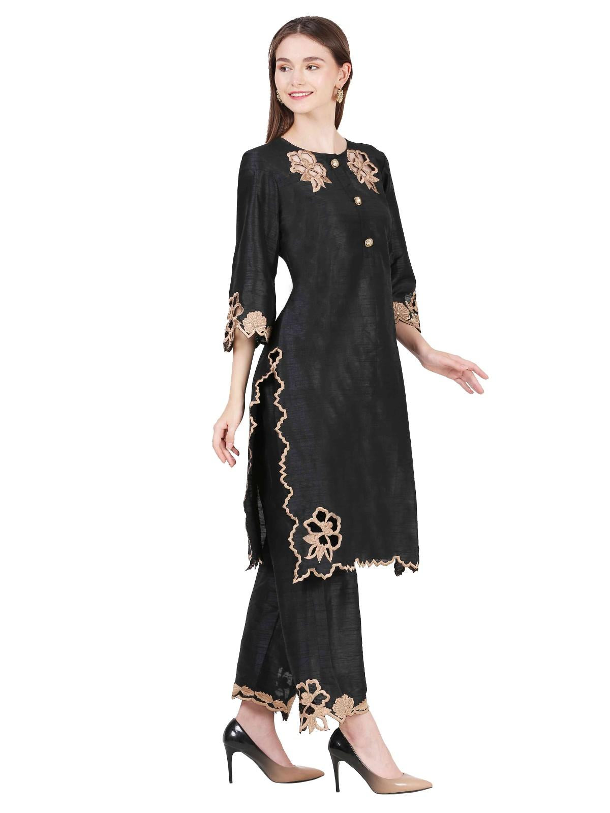 Classic Black Dupion Silk Thread Work Co-ord Set