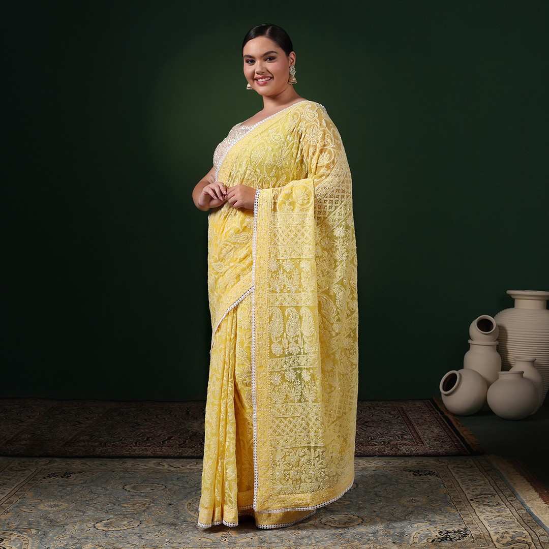 Yellow Georgette Chikankari Saree