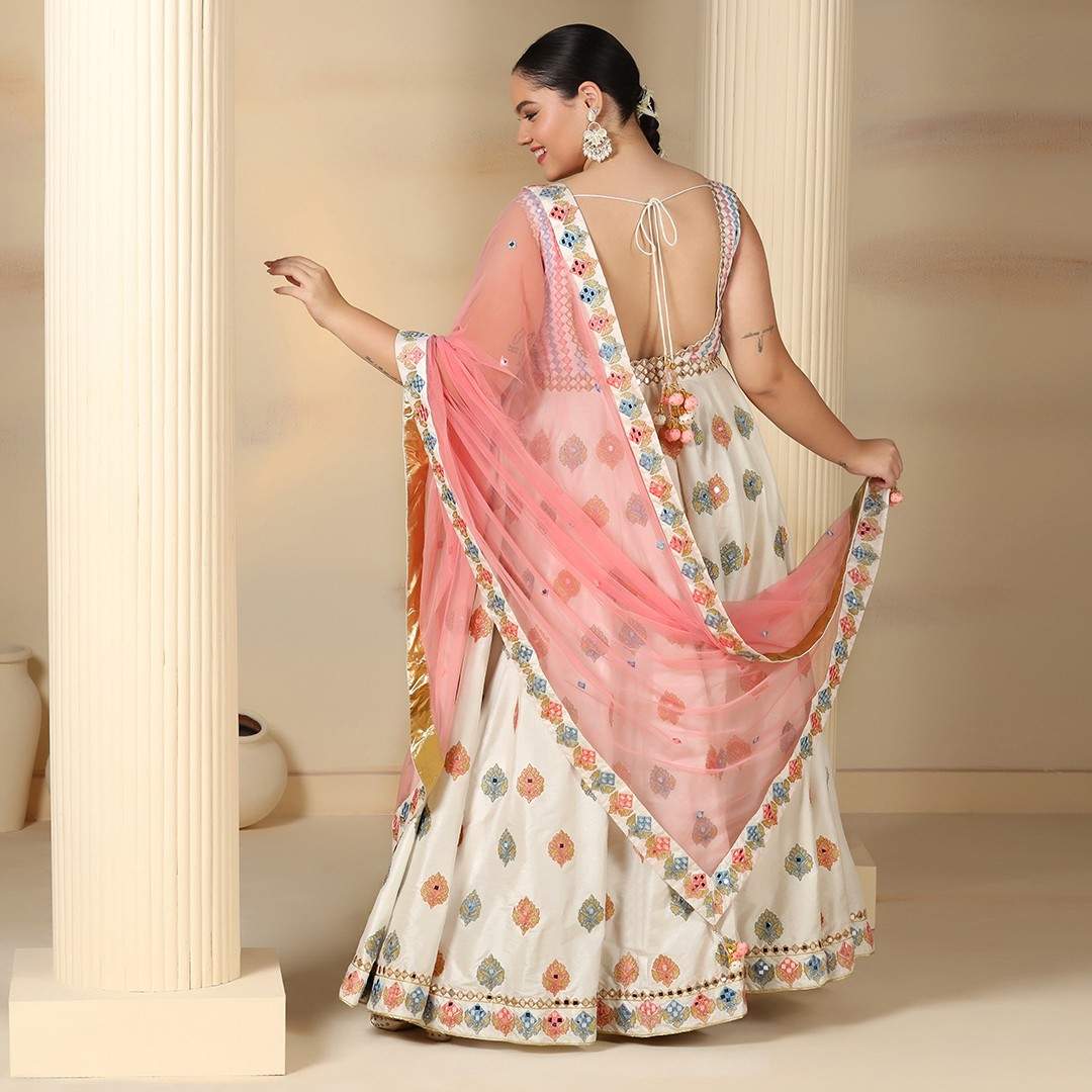 Classic Off White Anarkali with Hand Crafted Resham Aari & Mirror Work